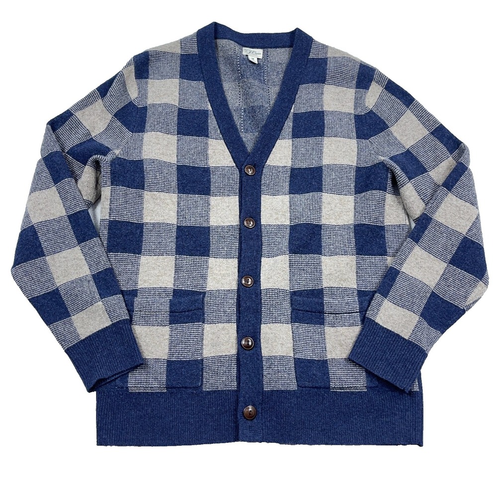 J Crew Cardigan Sweater Men Medium Navy Blue Cream Plaid Merino Wool Grandpa